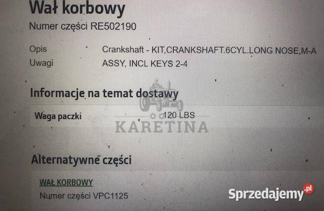 John Deere 6359D Wał Korbowy John Deere Części i osprzęt rolniczy Jastrzębniki