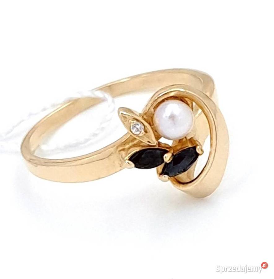 Pierścionek r16 Złoty pr585 Perła i szafiry Z649