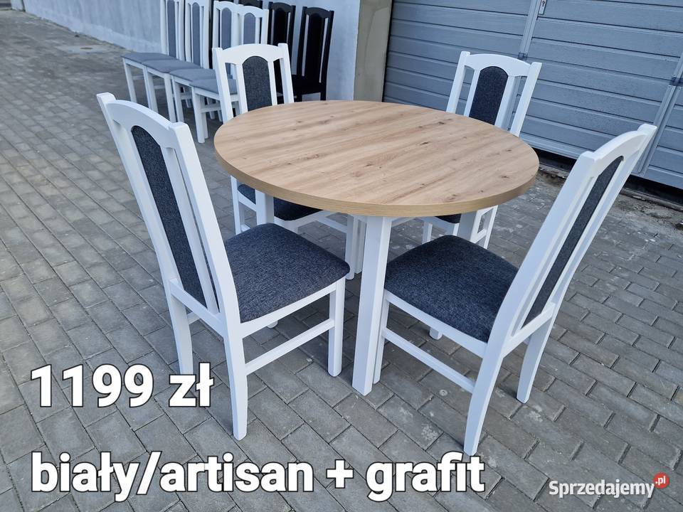 Nowe: Stół okrągły + 4 krzesła, biały/artisan + grafit