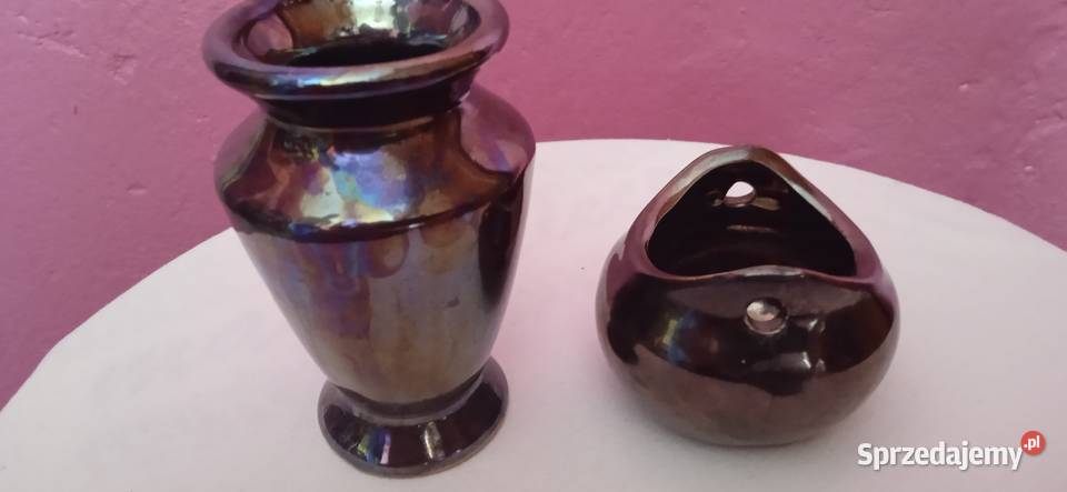 Dwa ceramiczne wazoniki metalicznie szkliwione Koźminek