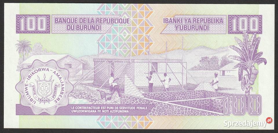 Burundi 100 frank 1997 stan bankowy UNC
