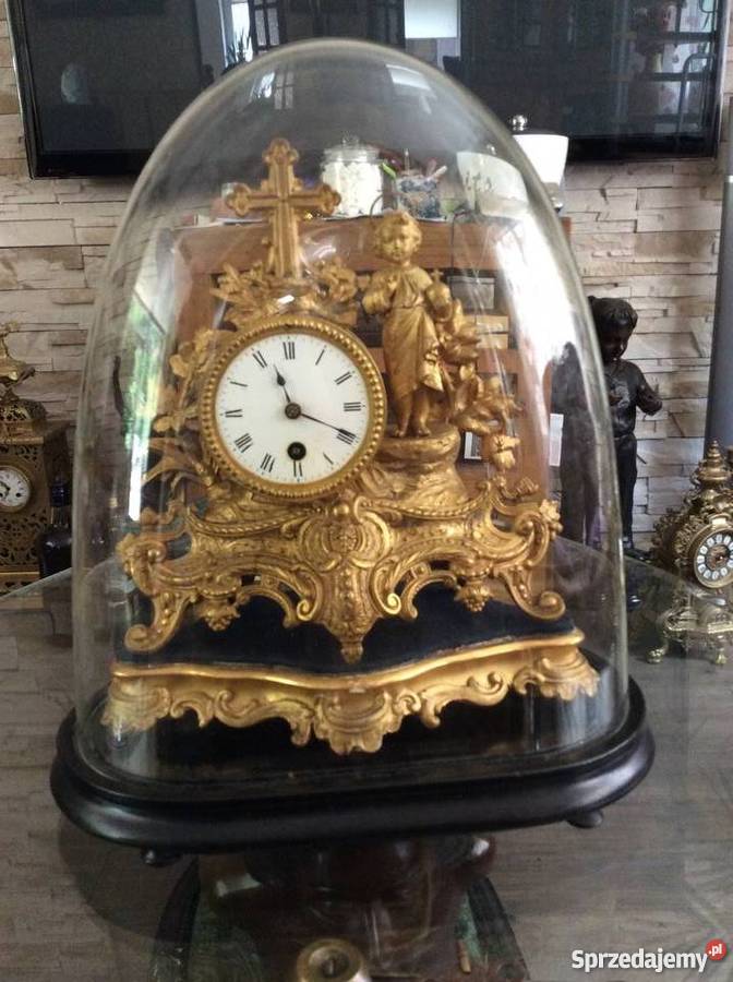 ANTYK bardzo stary zegar kominkowy w szklanej tubie Jezus