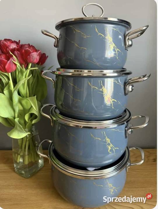 229 Garnki emaliowane szare 4 sztuki Edenberg Garnki i szybkowary śląskie Zabrze