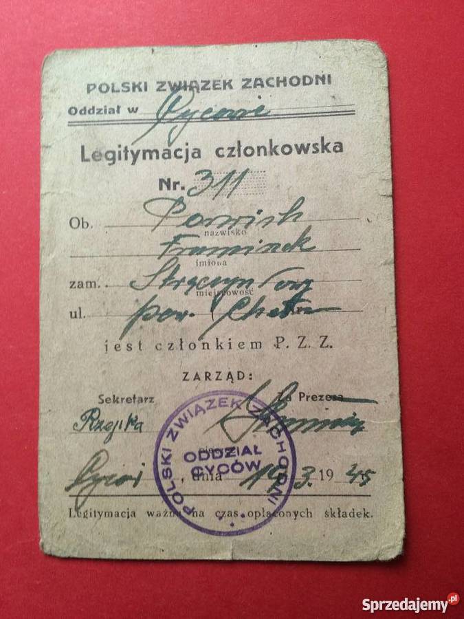 Legitymacja członkowska PZZ Szczecin