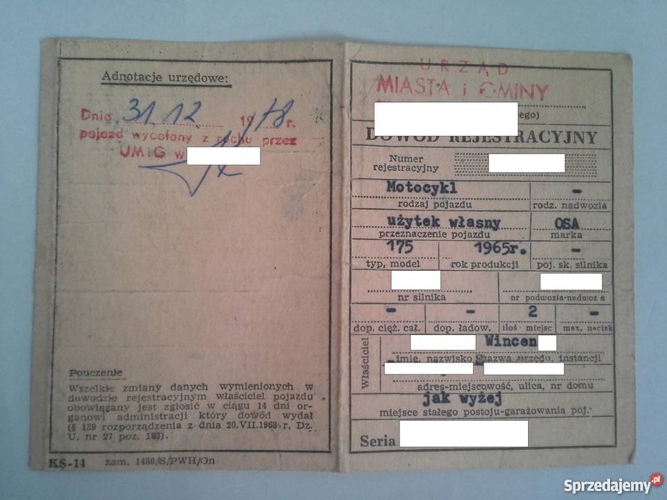 skuter OSA 1965 w częściach dokumenty uszkodzony Kwidzyn