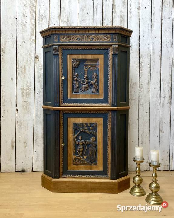 Witryna narożna antyczna w stylu Bretońskim, kątnik dębowy słupek odnowiony