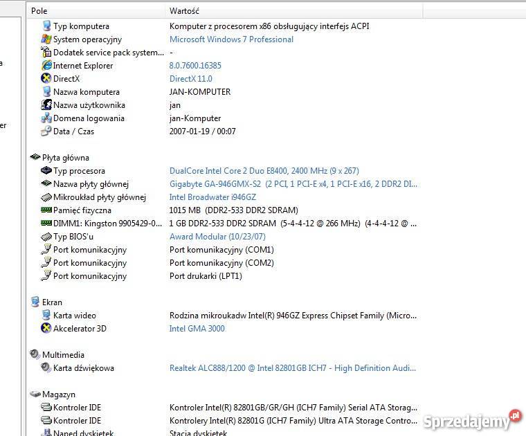 komputer Intel Core 2 Duo E8400 2x24ghz Pamięć RAM 1 Olkusz sprzedam