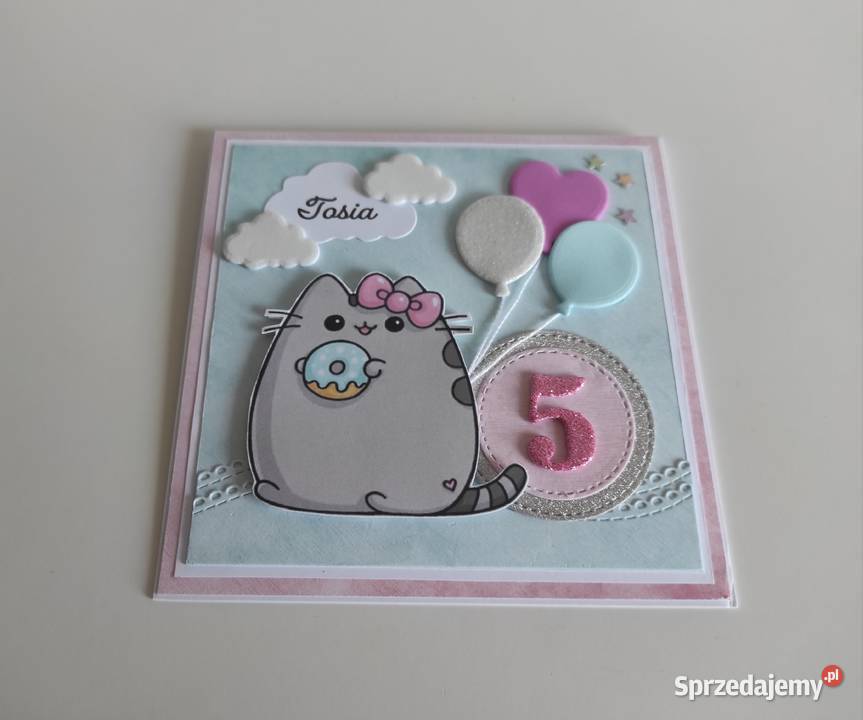 Kartka ręcznie robiona na urodziny kotek Pusheen Łódź