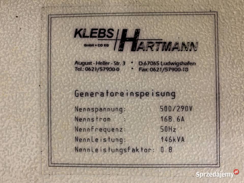 Agregat prądotwórczy KLEBS HARTMANN 146 kVA Pozostałe Sadki