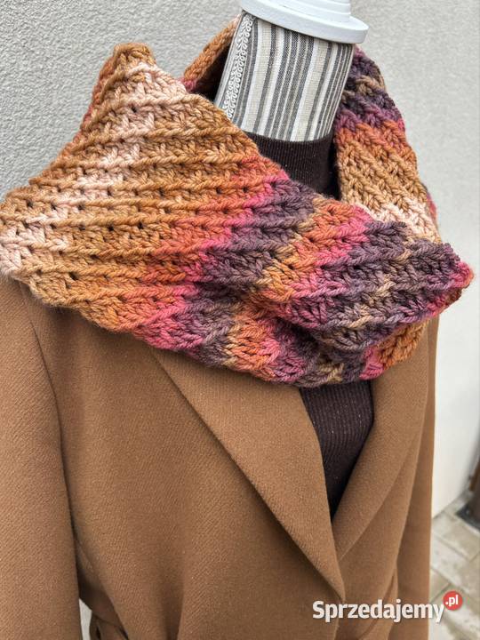 Szal komin handmade prezent Niej brązowy/beżowy