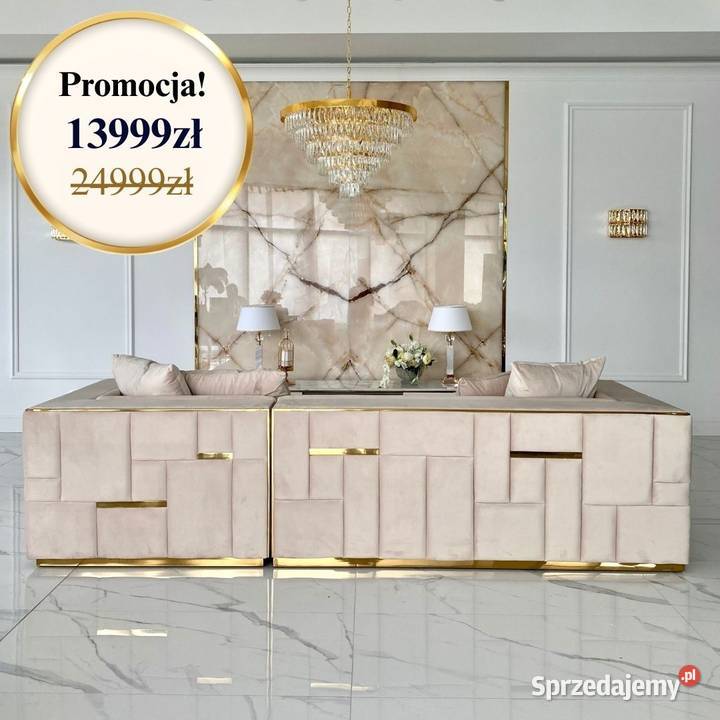 Narożnik EMPORIO Prawy Beżowy Welwet Złoty 280cm Komplety wypoczynkowe Warszawa