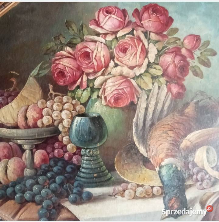 Stary obraz olejny Martwa natura z owocami i Grójec