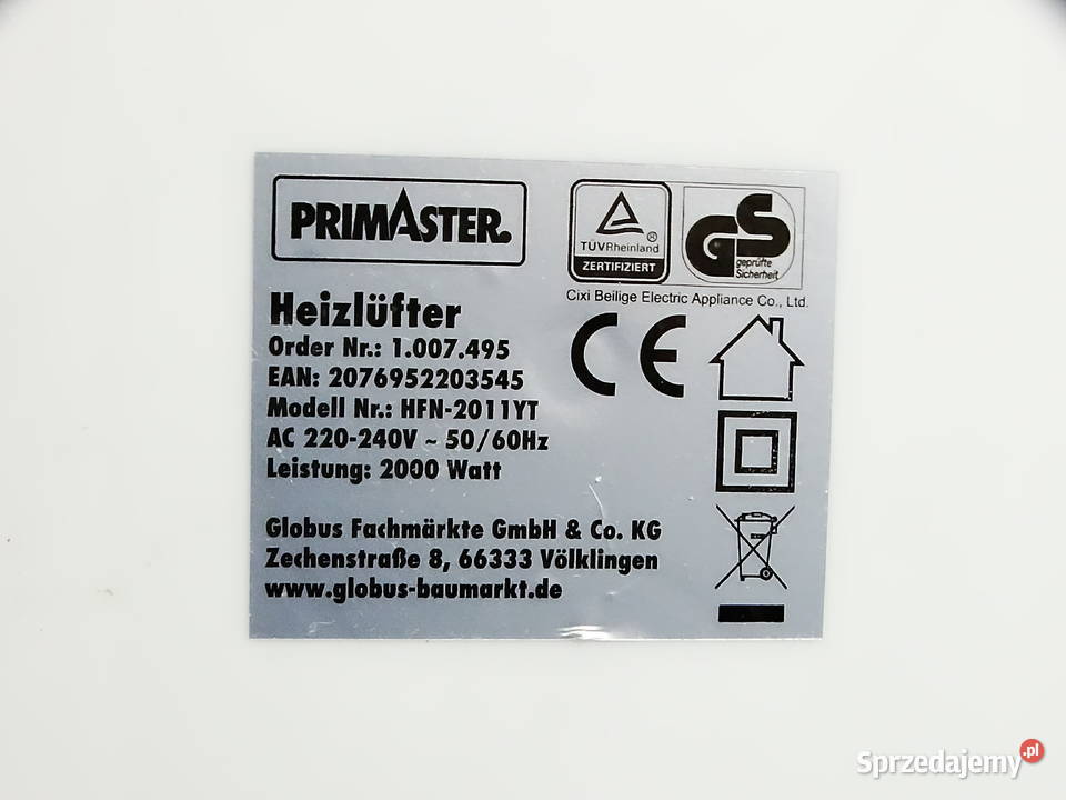 PRYMASTER Termowentylator farelka 2 poziomy mocy Pozostałe Biłgoraj