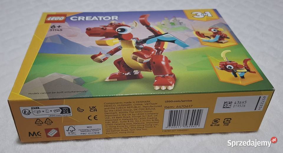 Lego Creator 31145 3w1 Czerwony smok papuga ryba Lego Czeladź