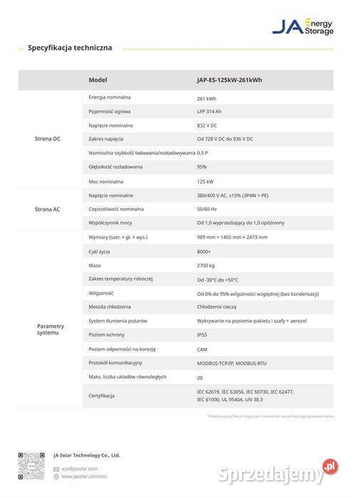 Magazyn Energii JA Solar 261kWh ESS Chłodzony
