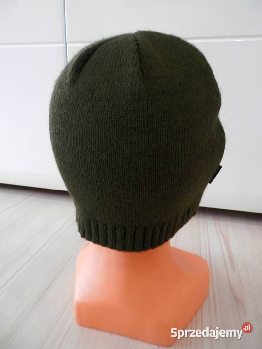 Czapka Męska z Wełną Beanie Oliwkowa z Napisem Nakrycia głowy Łomża