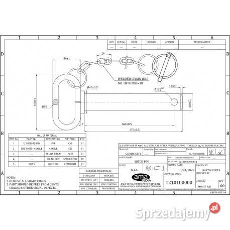 Sworzeń zaczepu z łańcuszkiem i zawleczką 30x160 sprzedam