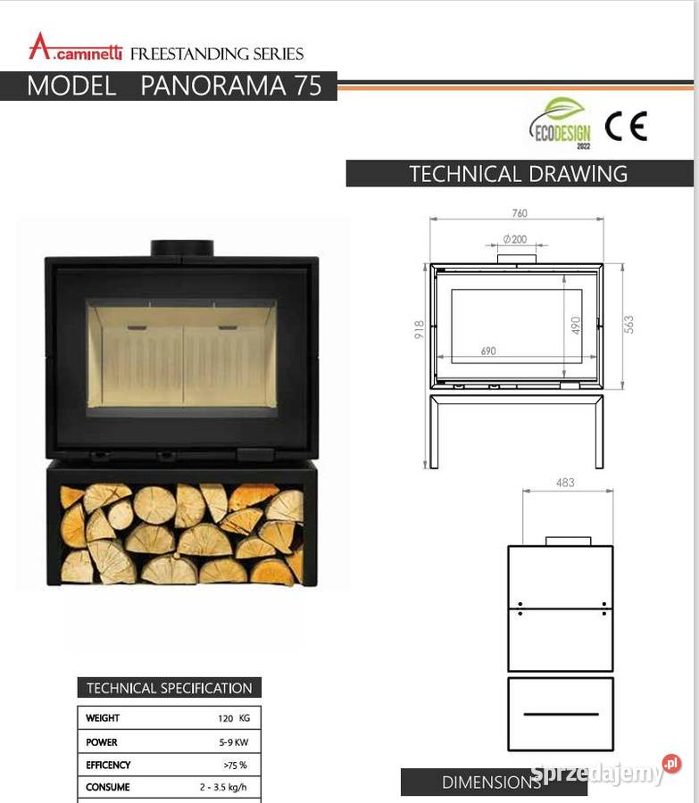 Kominek powietrzny stalowy Panorama 75 Wkłady wielkopolskie Poznań sprzedam
