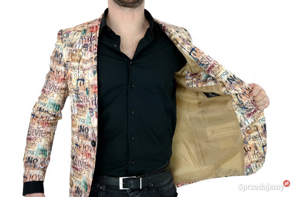 GIOVANNI PERA Marynarka Męska D809 Beżowa napisy brązowy/beżowy Ostrów Wielkopolski sprzedam