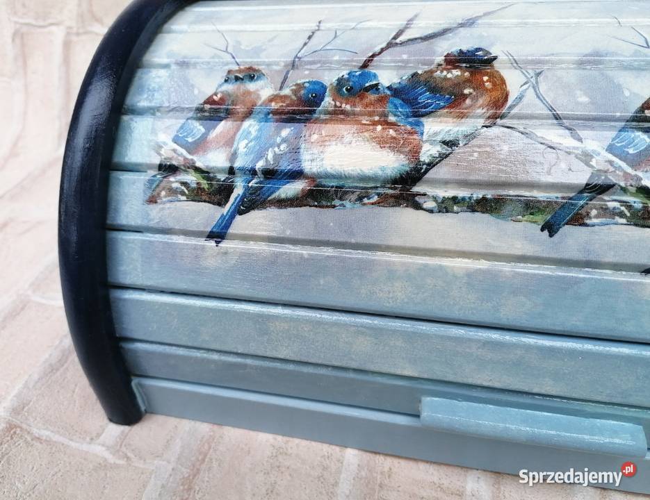 Chlebak z drewna decoupage Bolesławec sikorki Chlebaki Halinów