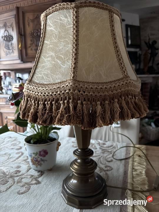 przepiękna mosiężna lampa lampka skórzany abażur Bystrzyca Kłodzka
