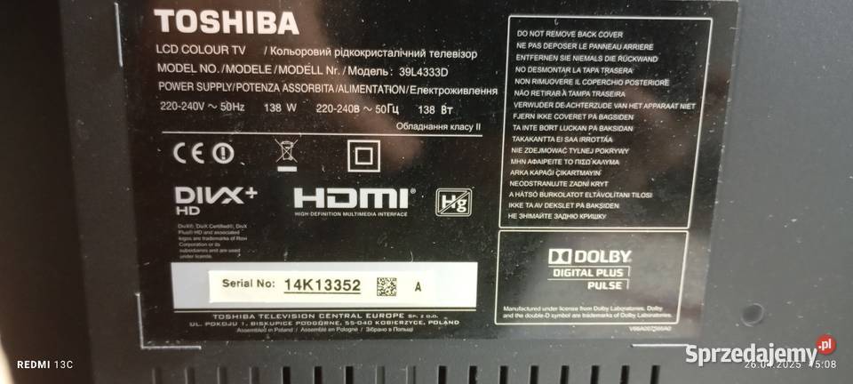 Telewizor Toshiba płyta główna plus zasilacz Warszawa sprzedam