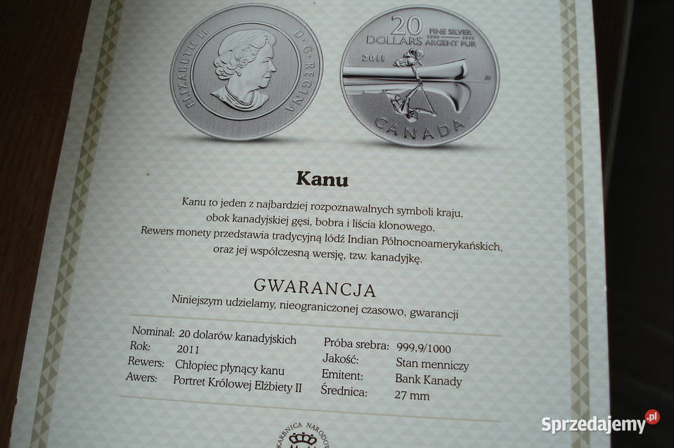 Srebrna moneta Kanada 20 dolarów Kanu 2011r sprzedam
