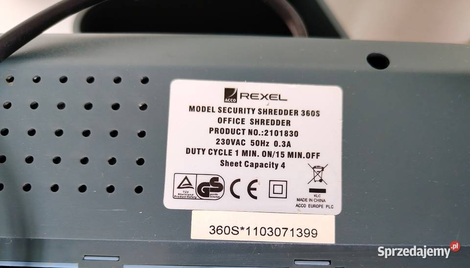Niszczarka biurowa Rexel Model Security Shredder śląskie Jastrzębie-Zdrój sprzedam