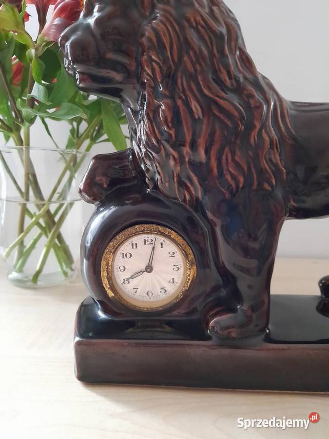 Ceramiczny stary zegar w kształcie lwa Antyki