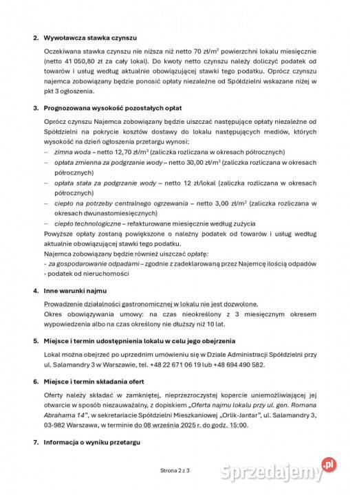 Przetarg na najem lokalu handlowousługowego Warszawa