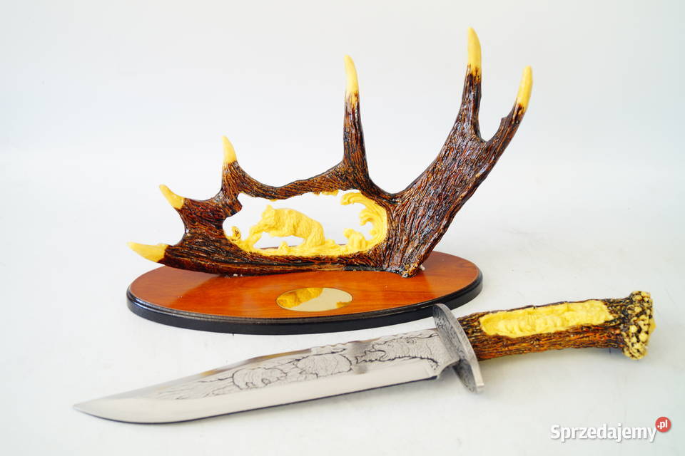 NÓŻ MYŚLIWSKI na stojaku dekoracja prezent Antyki Gizałki sprzedam