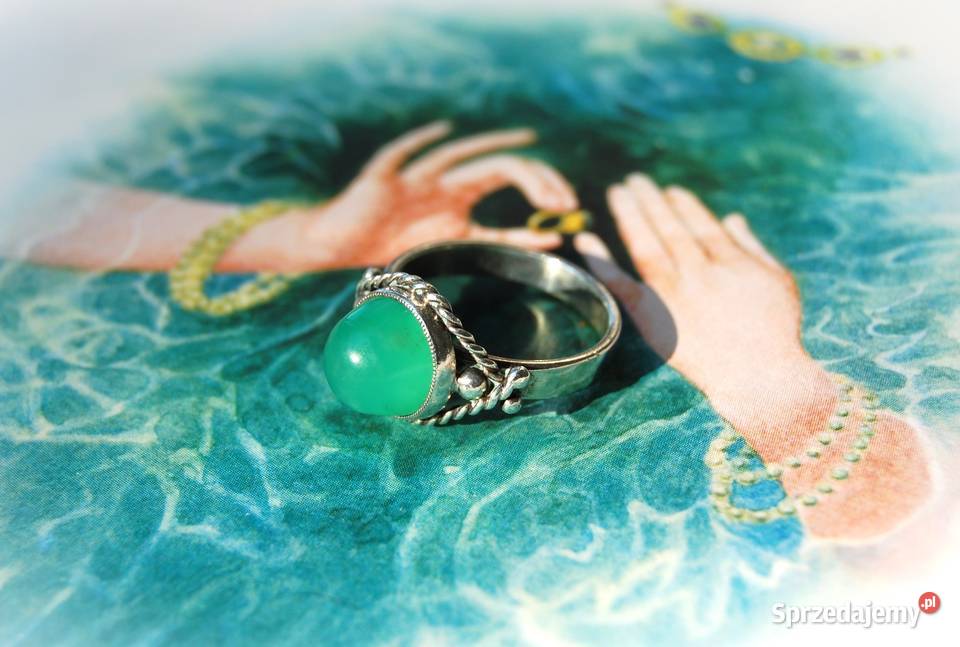 Stary pierścionek srebrny zielony chryzopraz srebro Lublin
