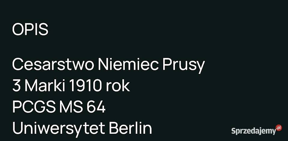 3 Marki 1910 r PCGS MS 64 Uniwersytet Berlin Węgorzewo