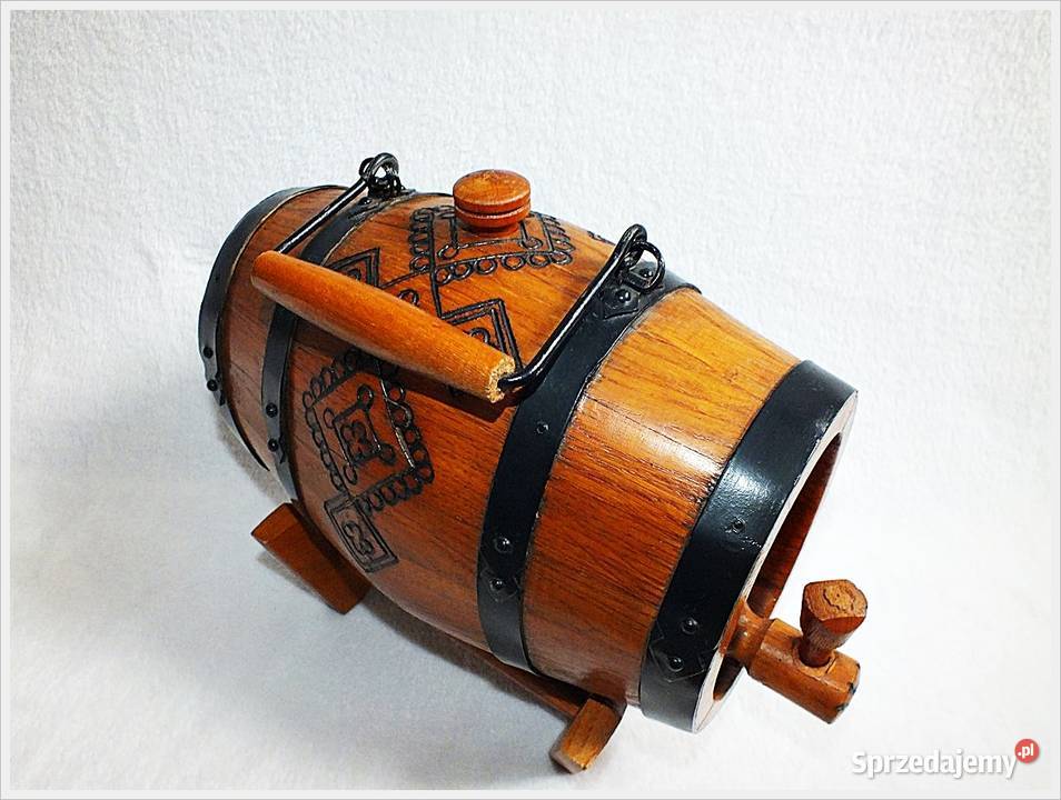Ozdobna stara beczka drewniana na stojaku 2 Żary