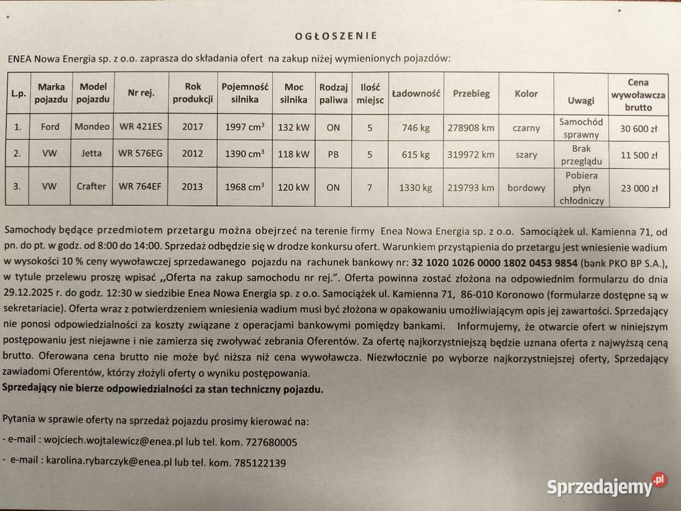 Przetarg na sprzedaż samochodów Samociążek