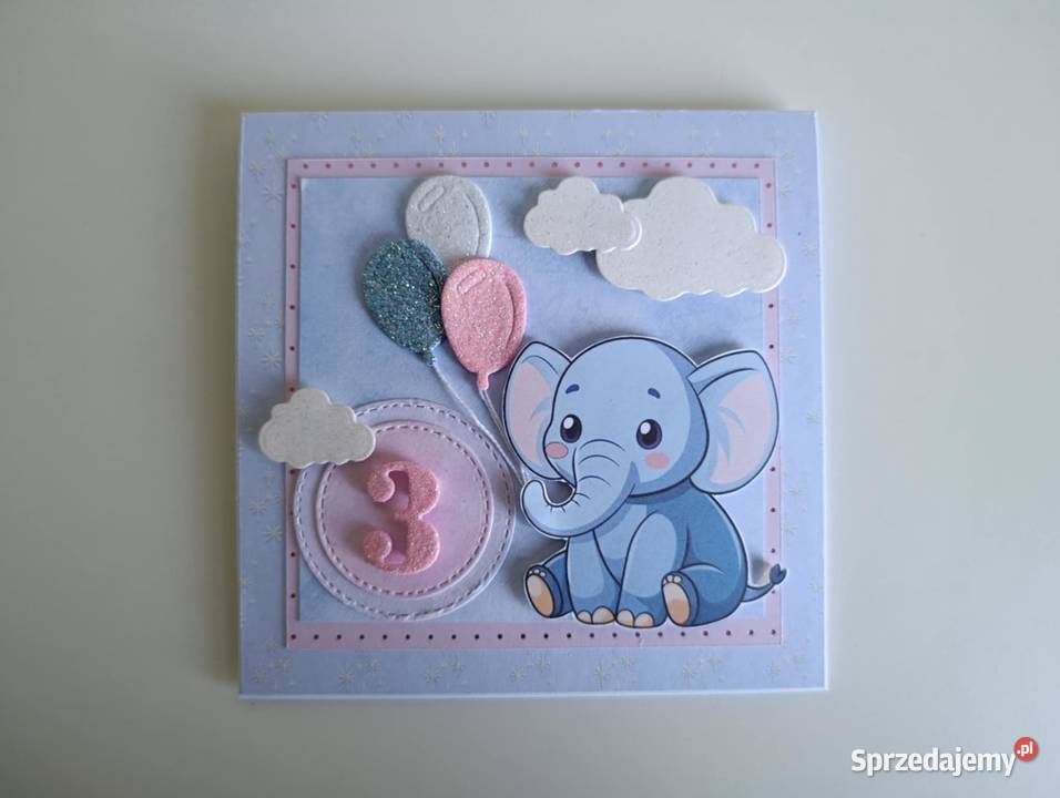 Kartka na urodziny słonik z balonami handmade łódzkie Łódź