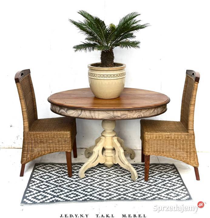 Zestaw stół 4 krzesła rattanowe vintage shabby Przeworsk