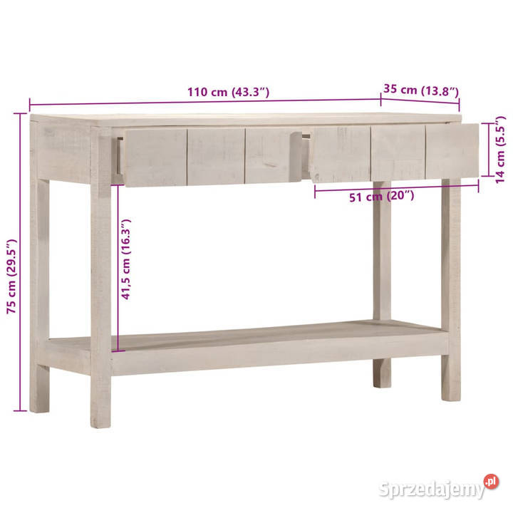 Stolik konsolowy biały 110x35x75 lite drewno Warszawa