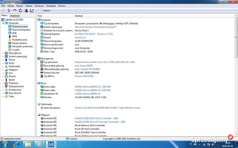 Acer 5920G Core2Duo Intel Core 2 Duo T7300Ram3Gb Liczba rdzeni 2 kujawsko-pomorskie Włocławek