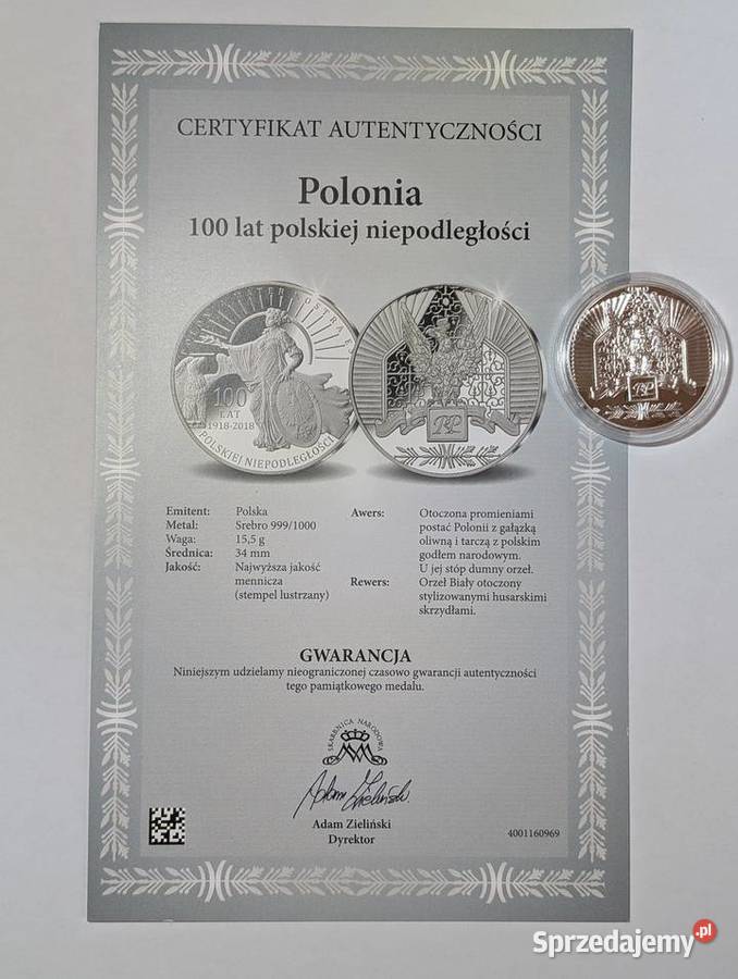 Srebrny Medal Polonia 100 lat Niepodległości Ag wielkopolskie Piła