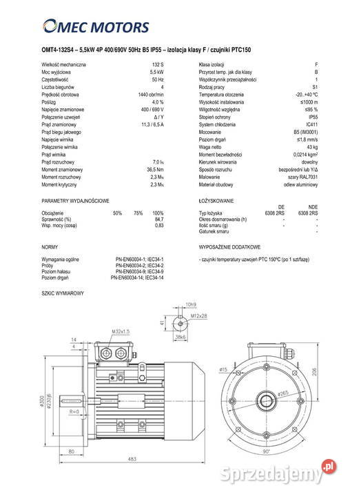 silnik elektryczny 55kW 1400obr 3fazowy 132B5 kujawsko-pomorskie Pigża