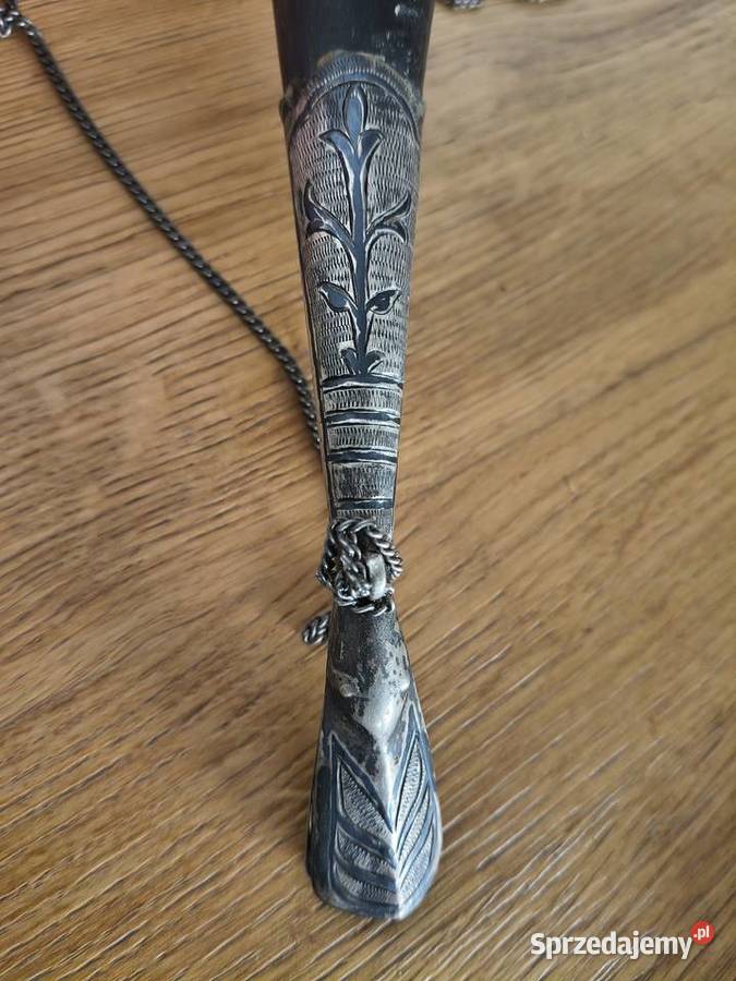 Róg obfitości bawoli niello okuty w srebro Ag Szczecin