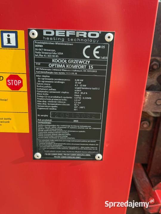 Defro 15kw piec kocioł sas ogniwo zębiec kamen Tarnów