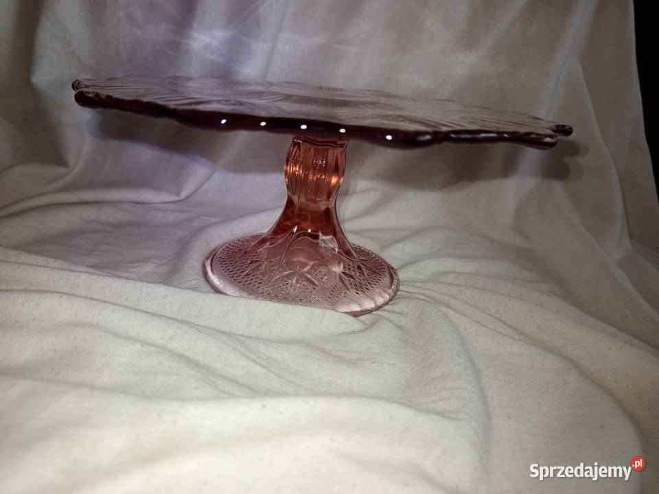 Rozalinowa patera na tort wachlarze Huta Szkła Porcelana i szkło