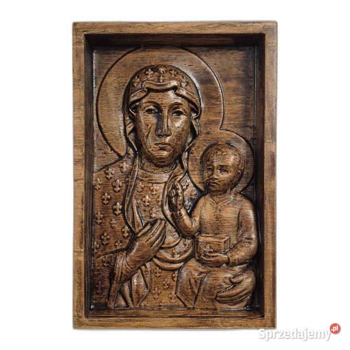 Matka Boska Częstochowska płaskorzeźba w dębie Obrazki i obrazy Malechowo