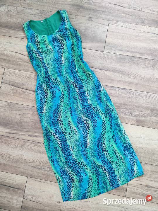 Kolorowa długa sukienka Vintage Snake 42 44 Jasło