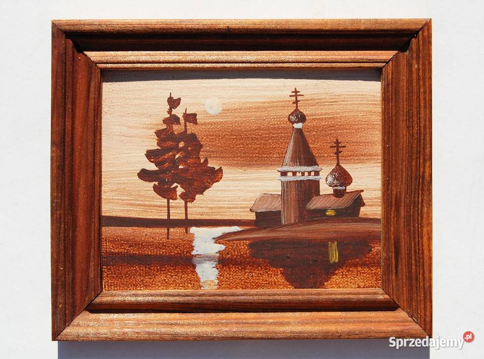 Pejzaż cerkiew stary obrazek olejny Rosja sprzedam