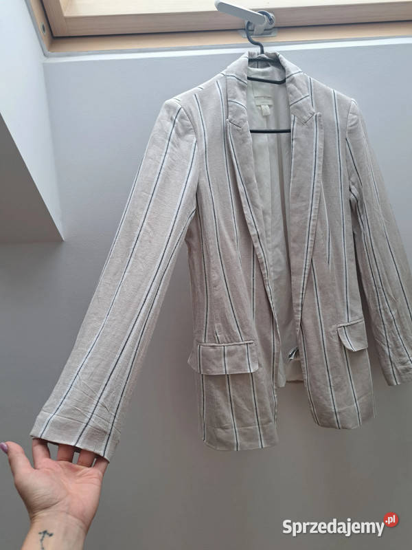 Lniany żakiet w paski HM rozmiar 34 biały Marynarki i żakiety