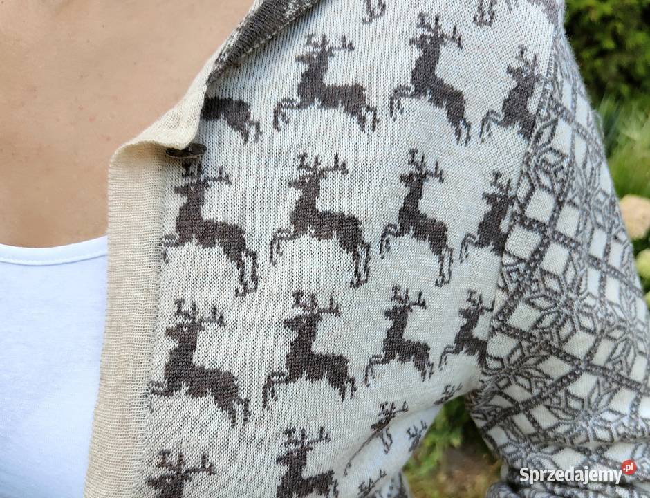 Sweter kardigan wełniany M 38 wełna beżowy wzór brązowy/beżowy