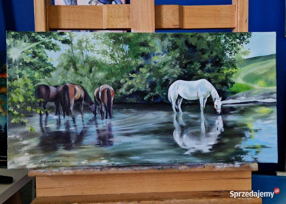Obraz ręcznie malowany konie rzeką 30x60 Męcina sprzedam